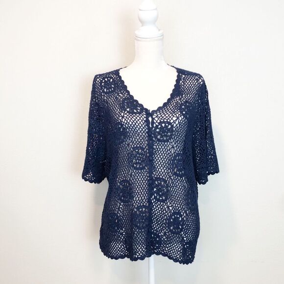 Vintage Teddi Crochet Open Knit Cardigan Short Sleeve Cottagecore Boho - Picture 1 of 10